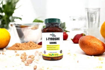 L-Tyrosine Vegetable Capsules with natural ingredients like leafy greens and nuts
