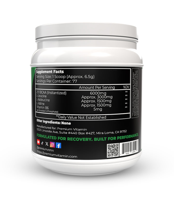 BCAA + B6 Instantized Powder Branched Chain Amino Acid Unflavored - 6.5 g Per Serving - 500 gram | Premium Vitamin