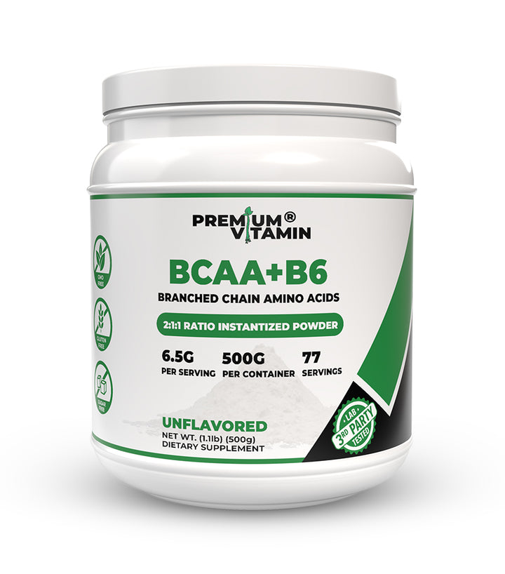 BCAA + B6 Instantized Powder Branched Chain Amino Acid Unflavored - 6.5 g Per Serving - 500 gram | Premium Vitamin
