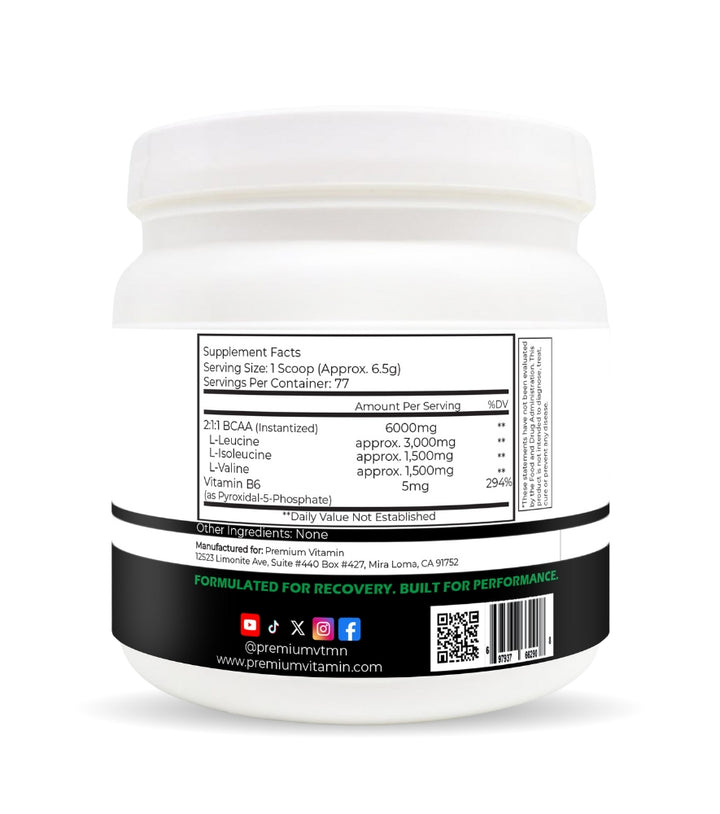 BCAA + B6 Instantized Powder Branched Chain Amino Acid Unflavored - 6.5 g Per Serving - 500 gram | Premium Vitamin