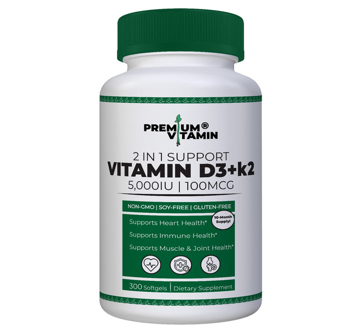 Premium Vitamin D3+K2 – 5000 IU D3 & 100 mcg K2 | 300 Softgels