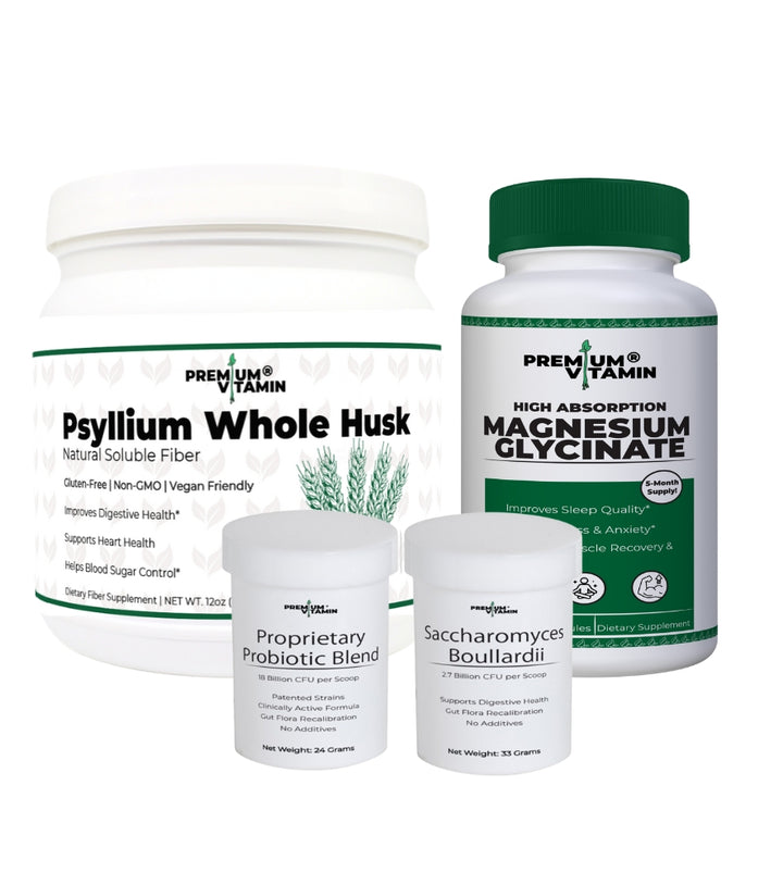 Combo: Psyllium Whole Husk - Magnesium Glycinate - Proprietary Probiotic Blend - Saccharomyces Boullardii