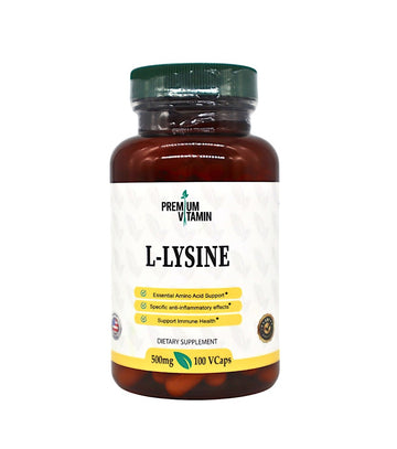 Premium Vitamin L-Lysine 500mg bottle with vegetable cellulose capsules