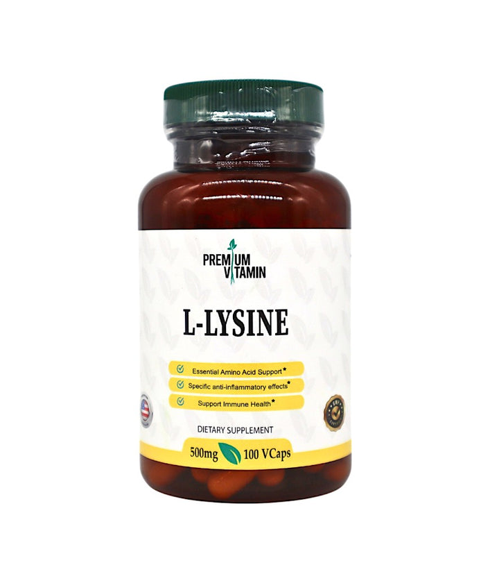 Premium Vitamin L-Lysine 500mg bottle with vegetable cellulose capsules