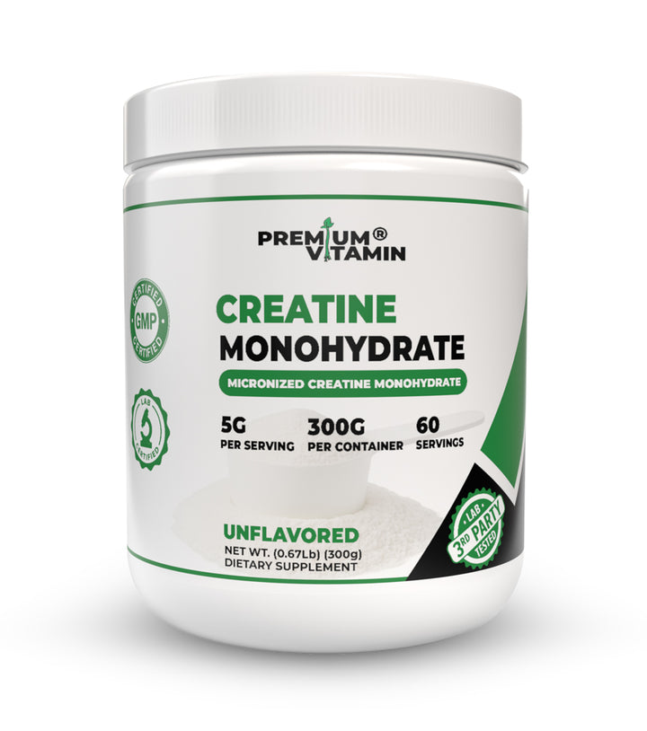 Premium Vitamin Creatine Monohydrate micronized powder, 300 g tub, unflavored, 5 g per serving, 60 servings